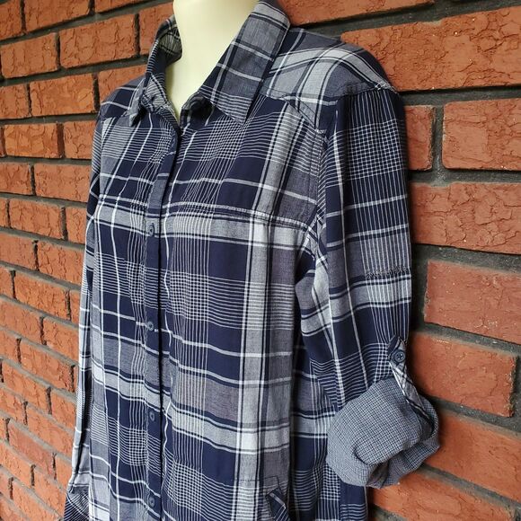 Columbia Plaid Shirt Sz L Times Two Long Sleeve Tunic Blue Roll Tab 100% Cotton - Picture 2 of 11